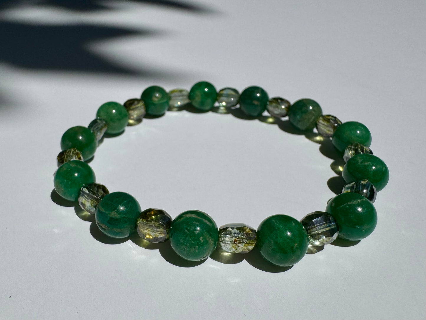 "Green Grass of Home" Upcycled Beaded Stretch Bracelet (1/1)