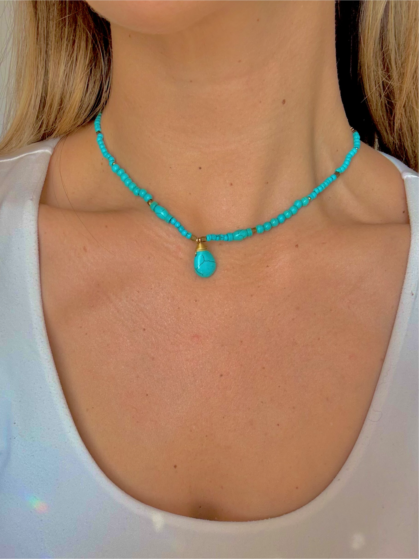 "Same Old Blues" Upcycled Beaded Pendant Choker in Turquoise