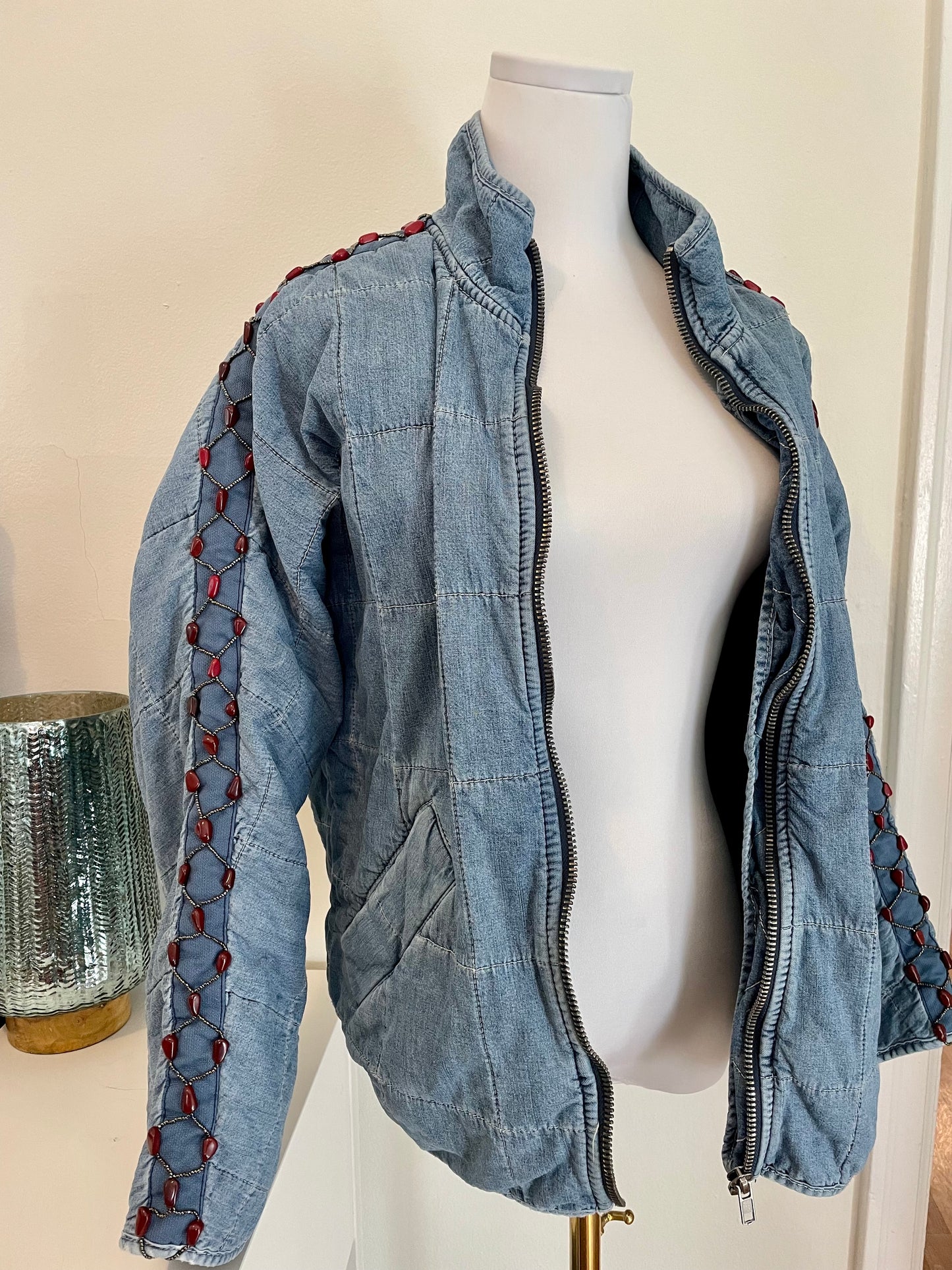 "Bluebird" Beadazzled Quilted Denim Jacket