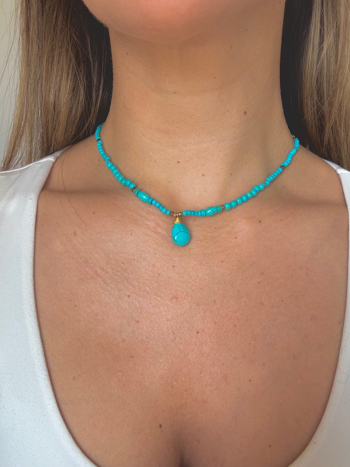 "Same Old Blues" Upcycled Beaded Pendant Choker in Turquoise
