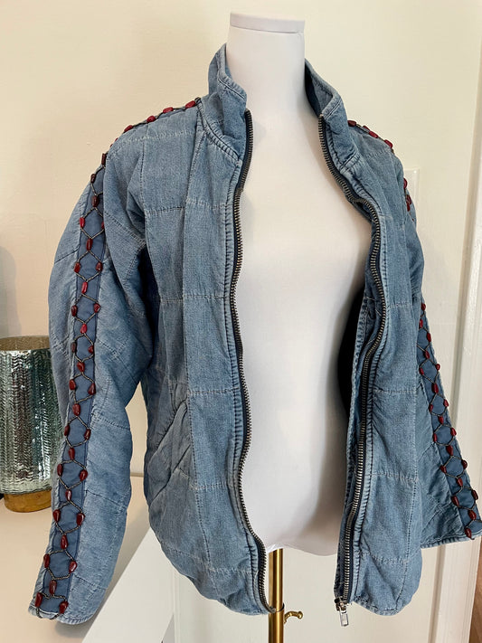 "Bluebird" Beadazzled Quilted Denim Jacket