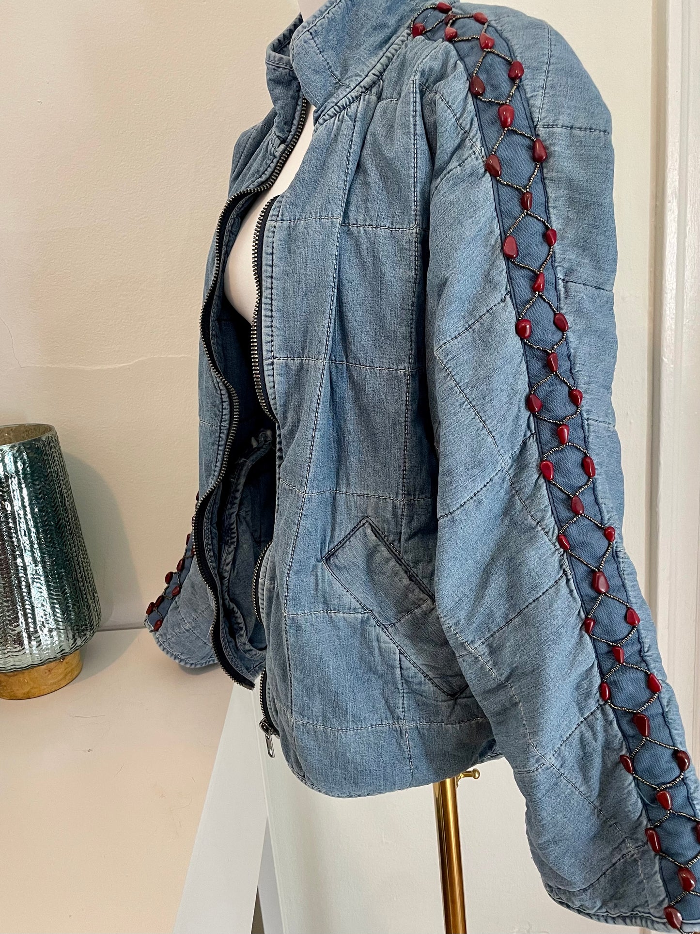 "Bluebird" Beadazzled Quilted Denim Jacket