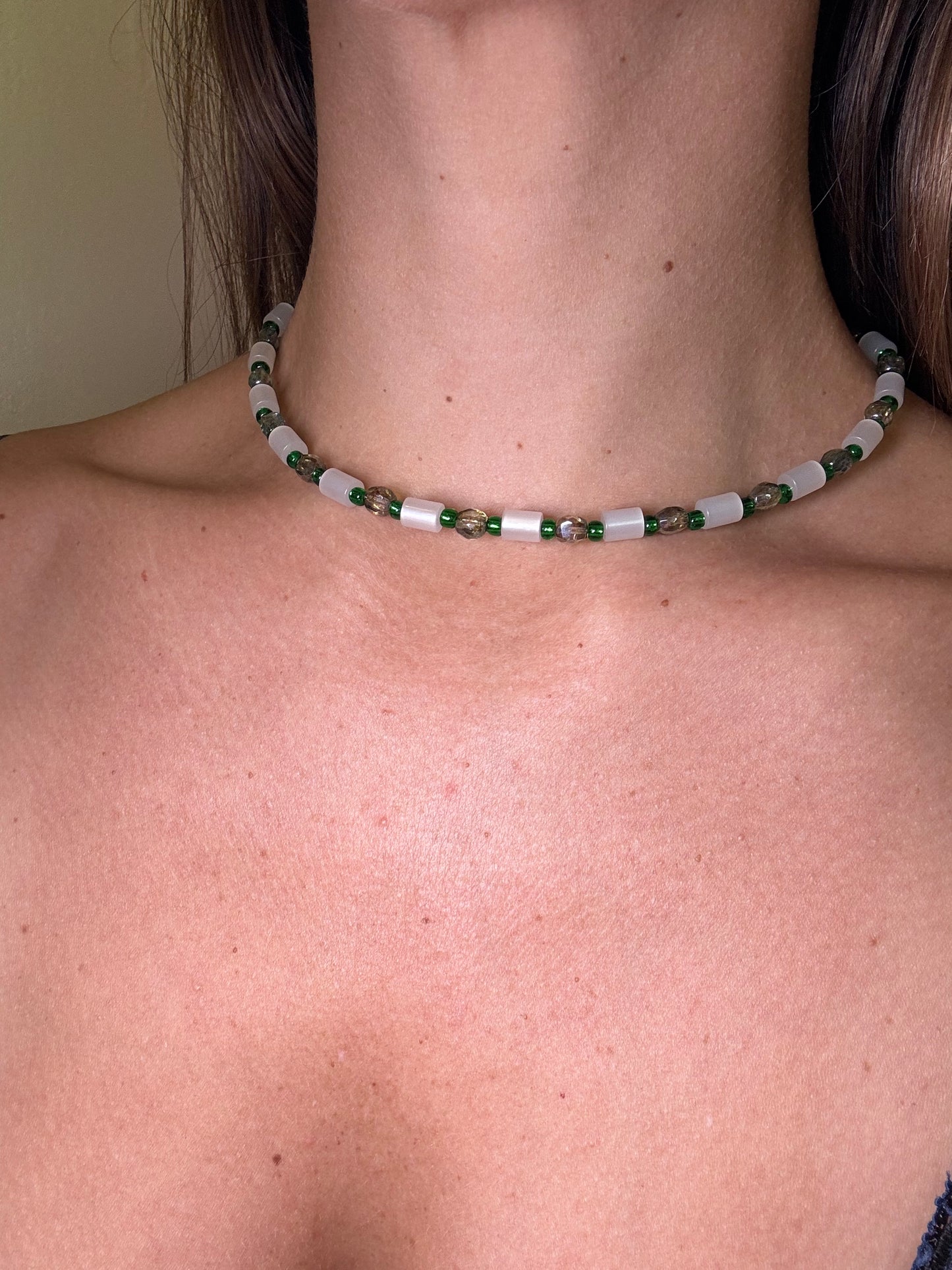 "Green Grass of Home" Upcycled Beaded Choker Necklace 14" (1/1)