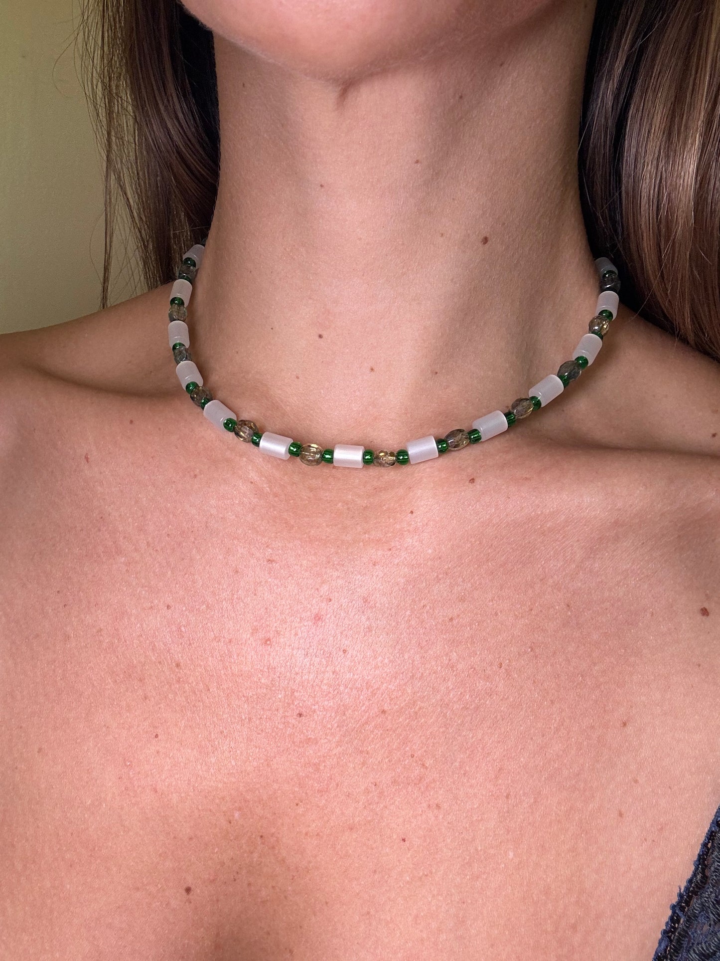 "Green Grass of Home" Upcycled Beaded Choker Necklace 14" (1/1)