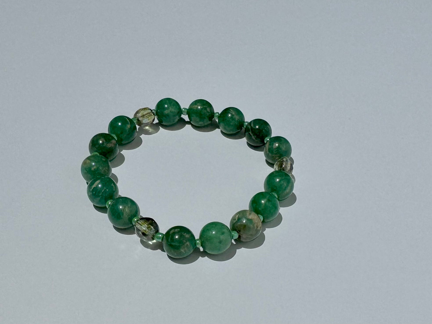 "Green Grass & High Tides" Upcycled Beaded Stretch Bracelet (1/1)
