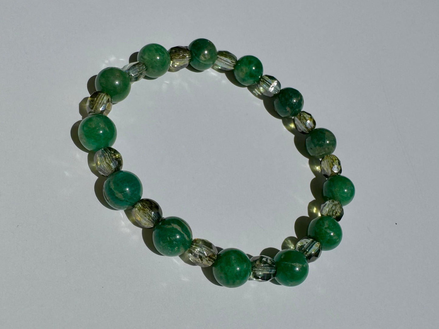 "Green Grass of Home" Upcycled Beaded Stretch Bracelet (1/1)