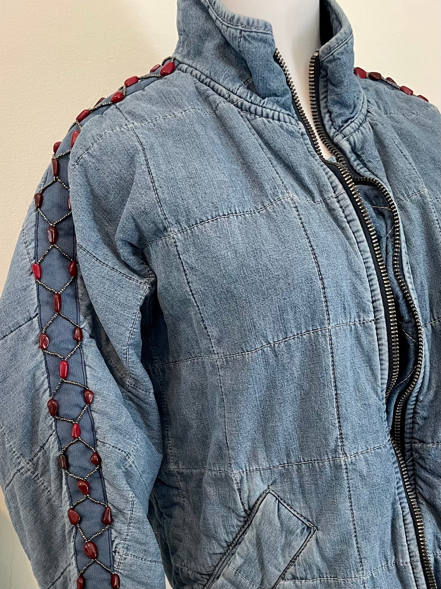 "Bluebird" Beadazzled Quilted Denim Jacket