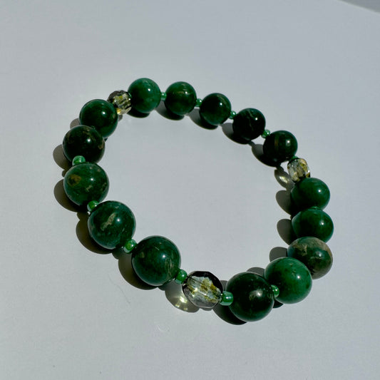 "Green Grass & High Tides" Upcycled Beaded Stretch Bracelet (1/1)