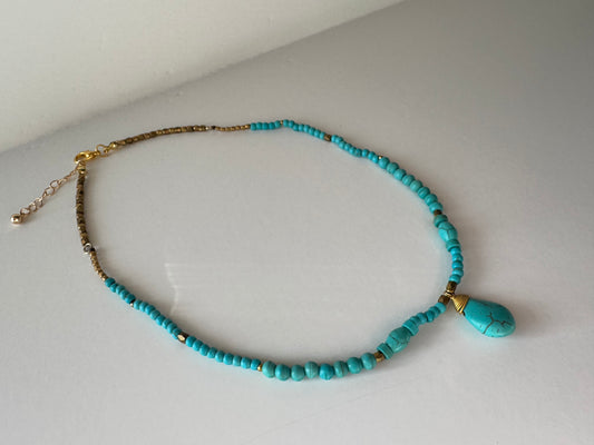 "Same Old Blues" Upcycled Beaded Pendant Choker in Turquoise