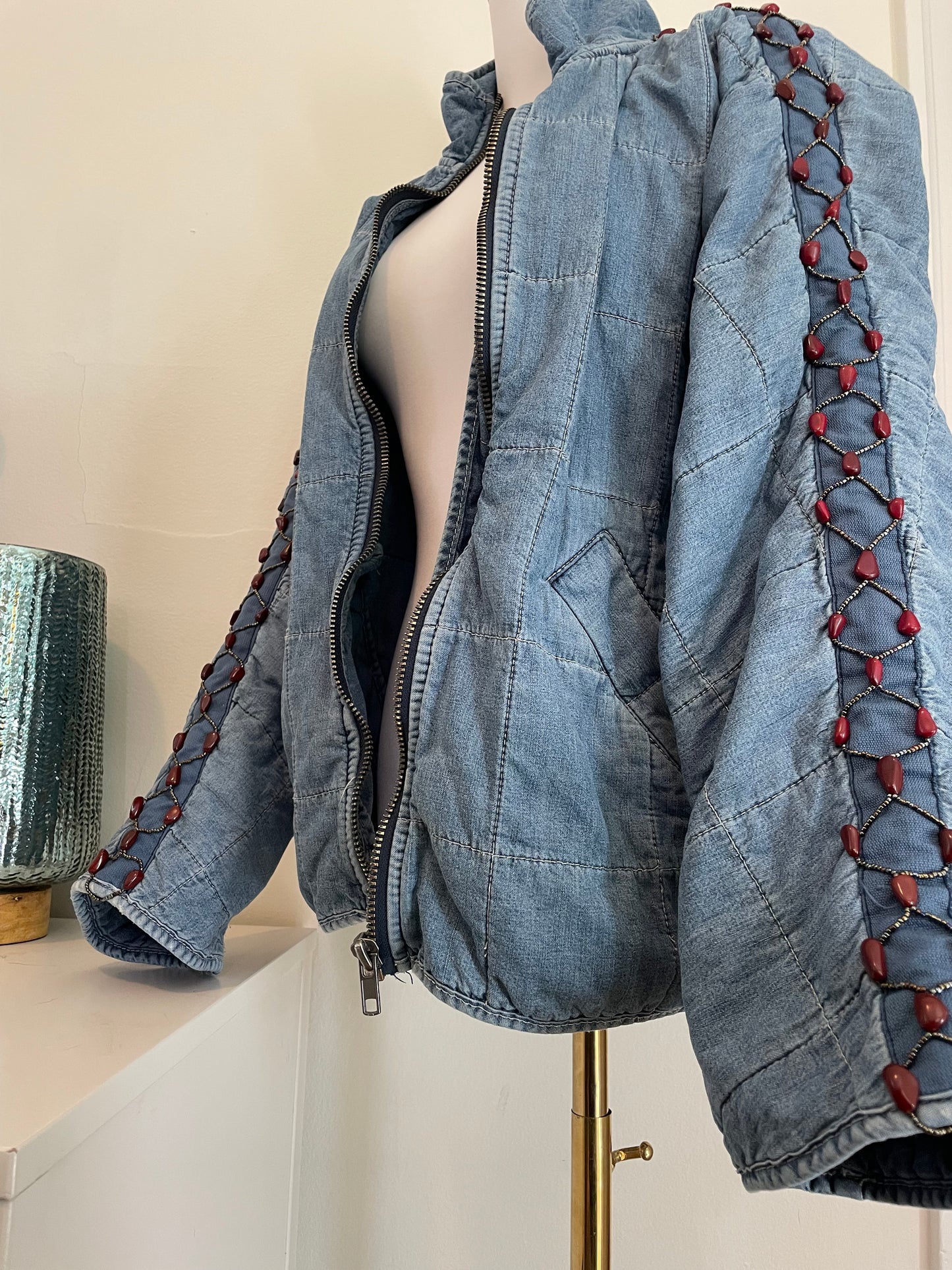 "Bluebird" Beadazzled Quilted Denim Jacket