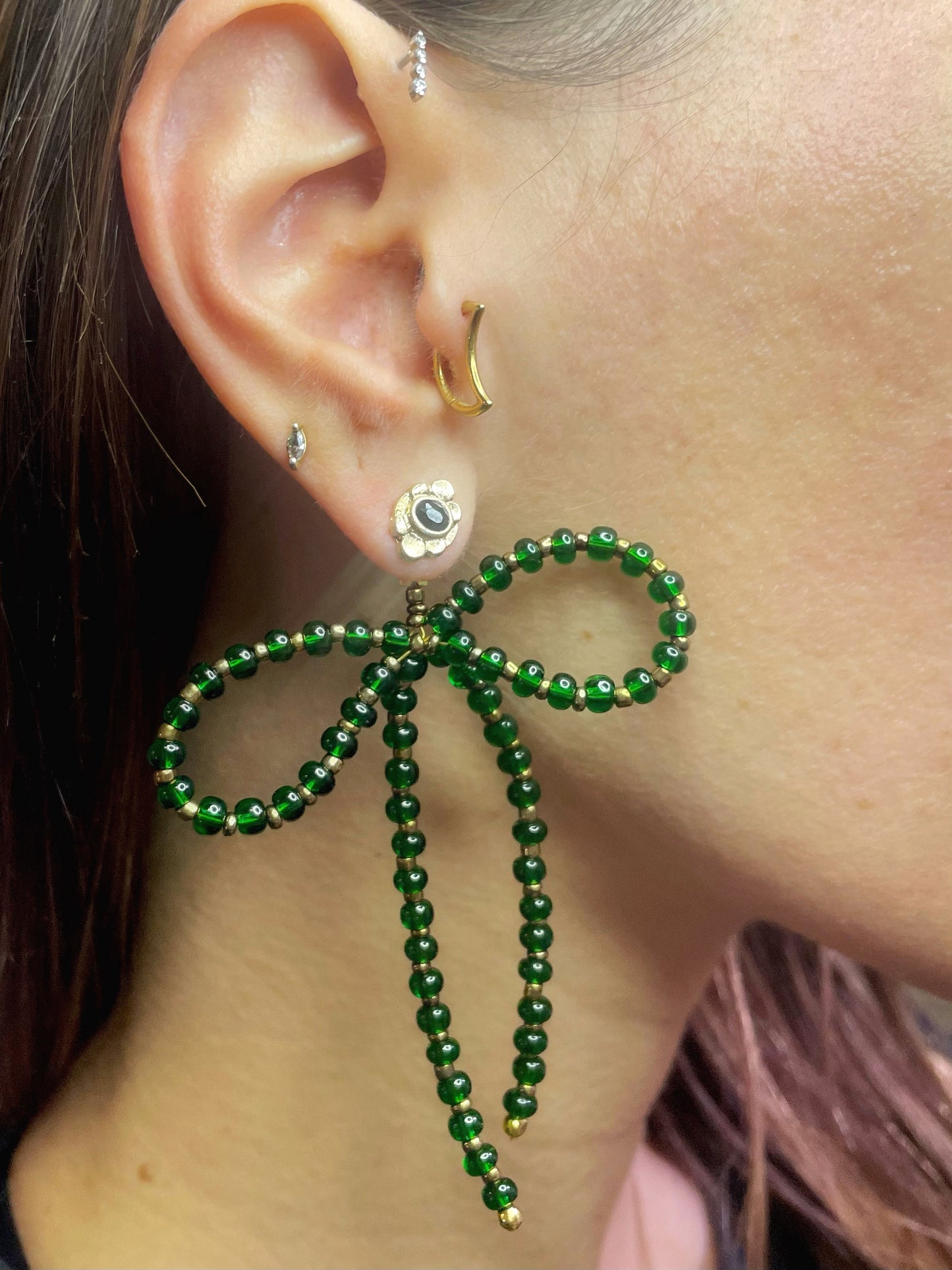 "Big Green Country" Beaded Bow Statement Earring Jackets