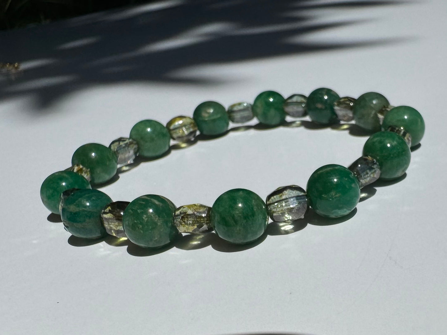 "Green Grass of Home" Upcycled Beaded Stretch Bracelet (1/1)