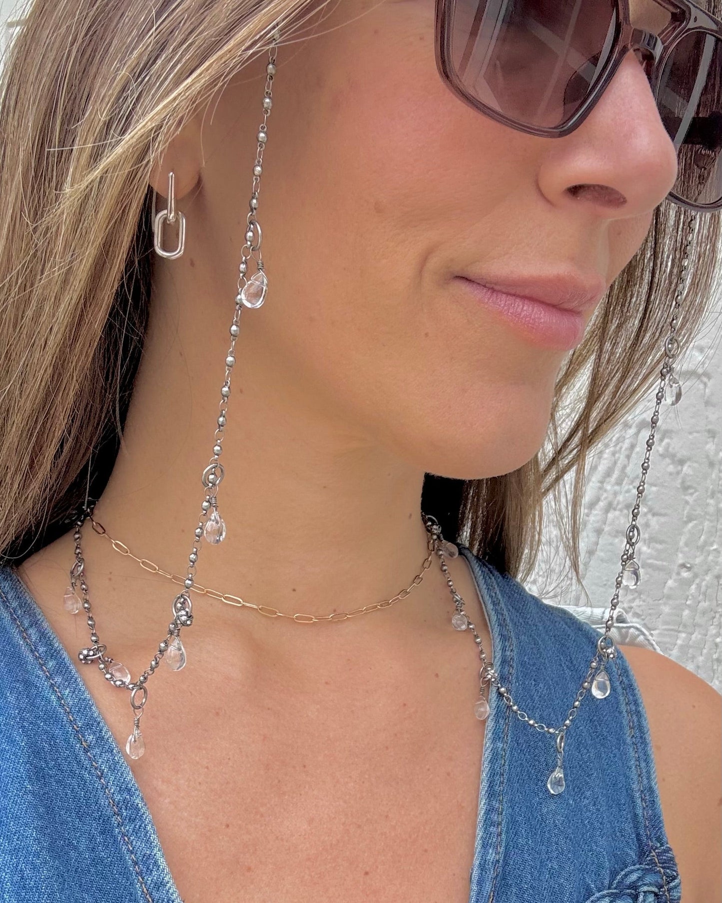 silver sunglasses chain with crystal charms