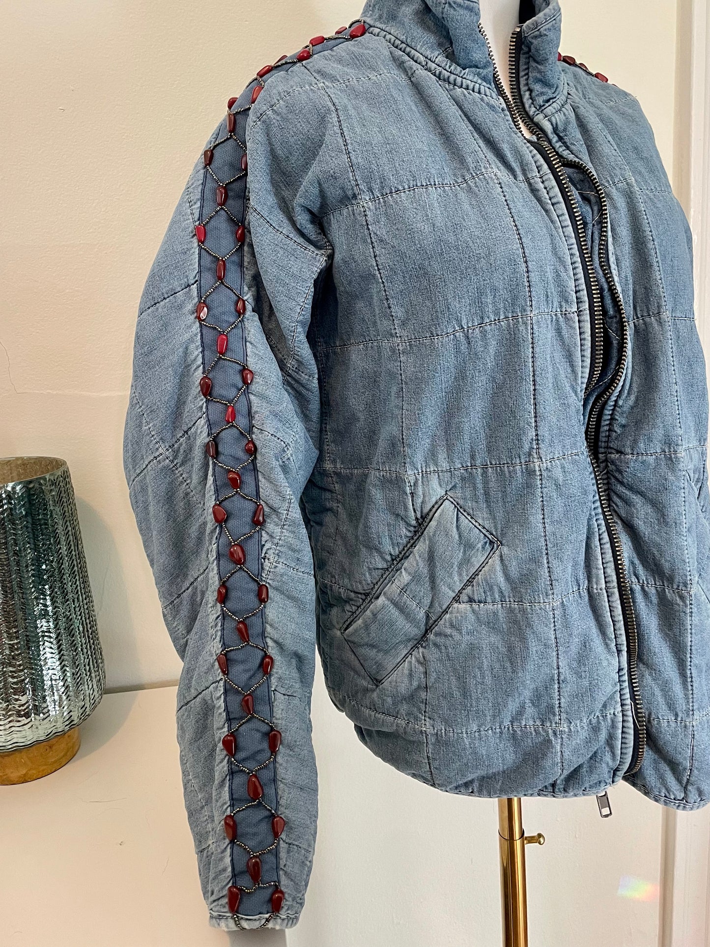 "Bluebird" Beadazzled Quilted Denim Jacket