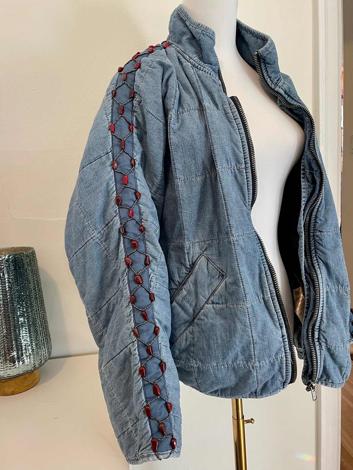 "Bluebird" Beadazzled Quilted Denim Jacket